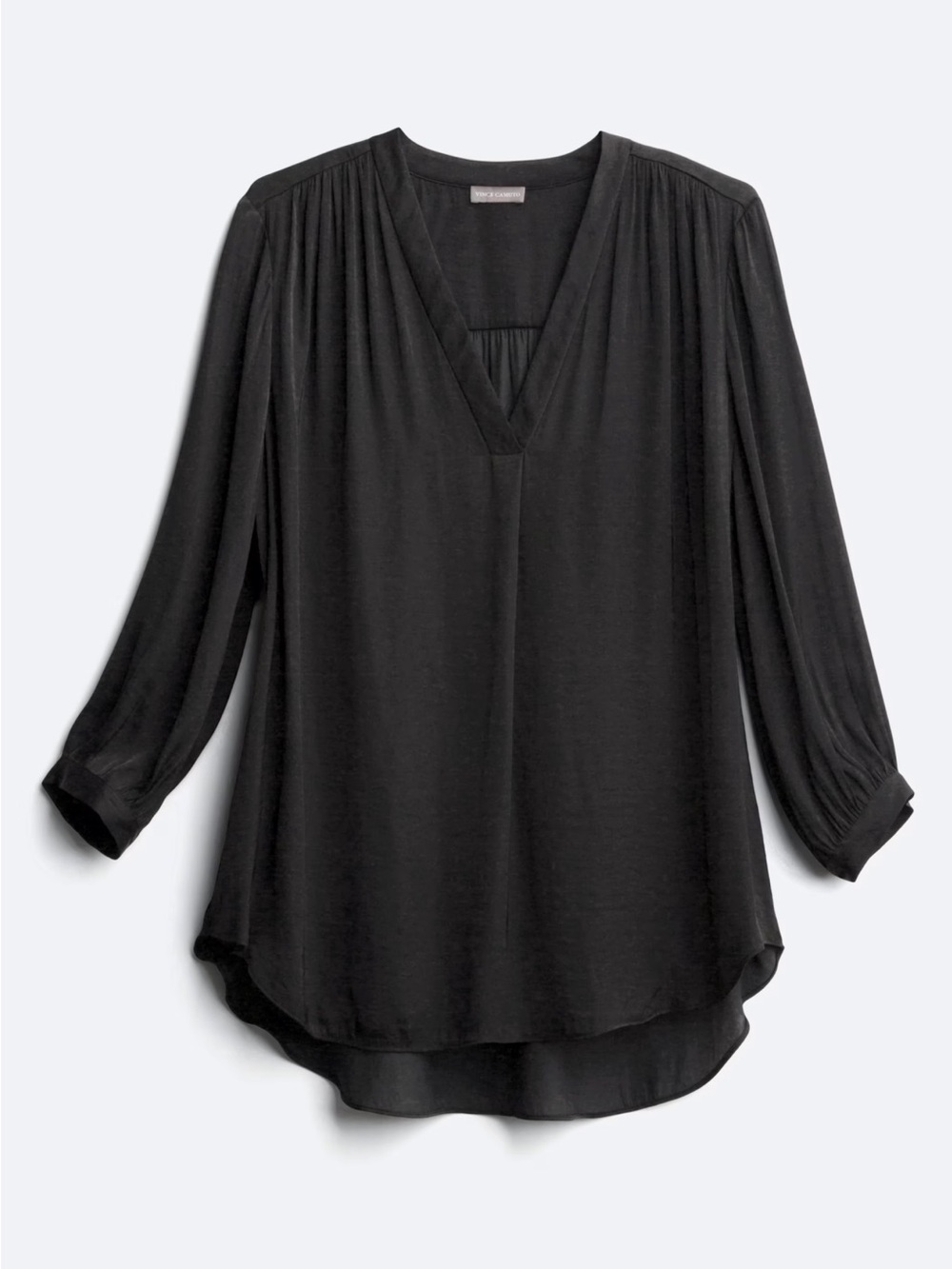 VINCE CAMUTO Leeanna Blouse Black V-Neck Long Sleeve shiny sheen gathers